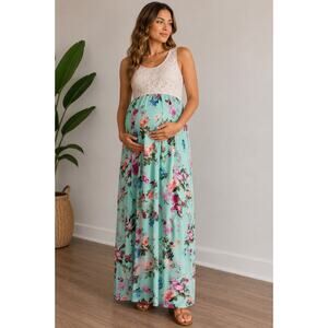 Pink Blush Maternity Floral Lace Maxi Dress Mint Cream Sleeveless Size Small